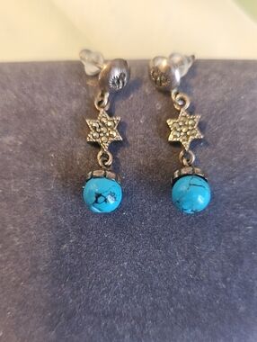 Sterling Silver Drop Earrings with Turquoise Beads and Star Marcasite Accents